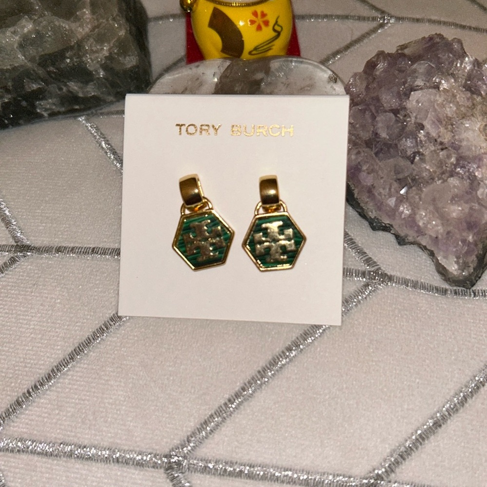 Tory Burch Gold and Teal Hexagon Earrings